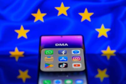 App icons of online platforms Google, Facebook, LinkedIn, Amazon, Apple Store, and TikTok are being displayed on a smartphone with the EU Digital Market Act (DMA)